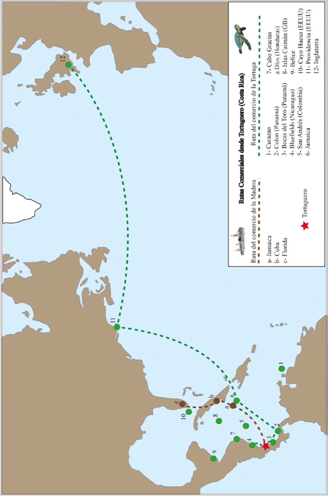  Mapa que sintetiza las rutas comerciales
desde Tortuguero, se enfatizan los principales productos extraídos y explotados
allí: las tortugas y la madera