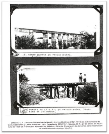 Fotografías de puentes destruidos y reconstruidos en líneas férreas de
Chihuahua.