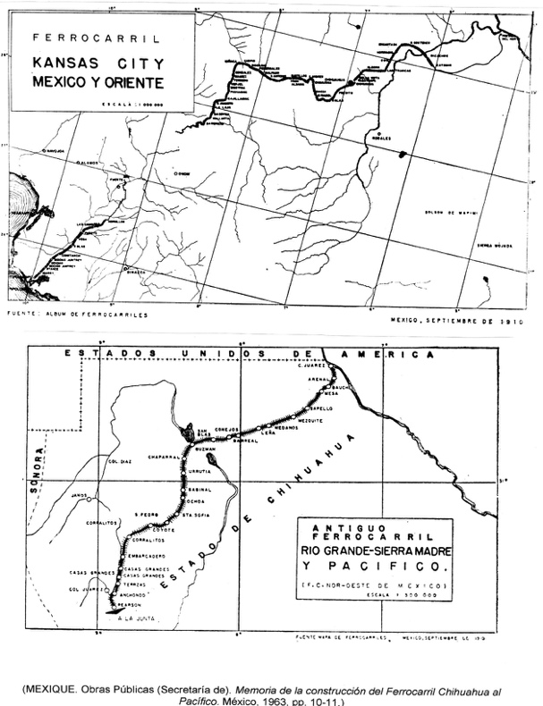 Trazos de las líneas del ferrocarril KCMO y del Ferrocarril
Noroeste de México en vísperas de la Revolución mexicana (septiembre de 1910).