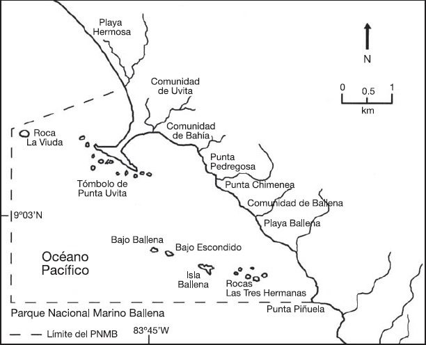 Ilustración 2. Mapa del Parque Nacional Marino Ballena, Costa Rica.