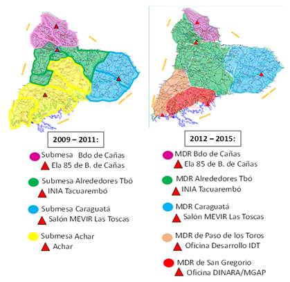 Evolución del dispositivo de organización
territorial de la mdr
de Tacuarembó entre 2009 y 2015 

 