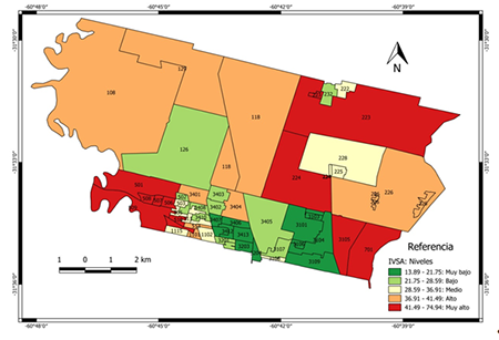 Distribución de los niveles de vulnerabilidad socio-ambiental para el espacio rururbanonorte de la ciudad de Santa Fe, por radios censales, 2010