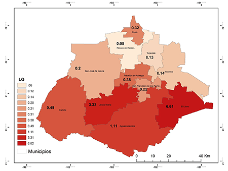 Figura 8. Cociente de localización (LQ) escala Municipal, Aguascalientes 2015