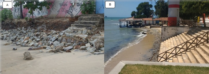 (A) Método de contenção da abrasão marinha. (B) Maré alta chega nas estruturas urbanas
