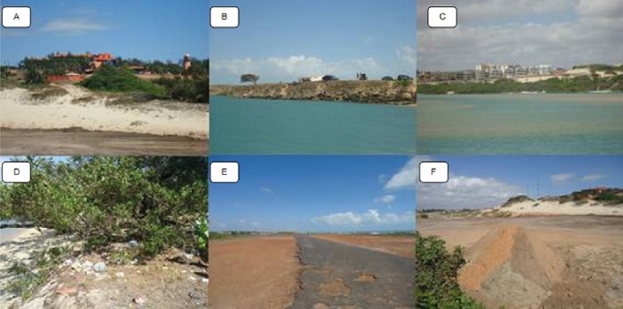 (A) Condomínio de luxo sobre duna semifixa; (B) Construção abandonada na faixa de praia; (C) Loteamento na margem direita da área da foz do rio Pacoti, ao lado campo de duna semifixa; (D) Lixo disposto às margens da planície fluviomarinha; (E) Via asfáltica sobre parte da planície litorânea; (F) Área de empréstimo para a construção civil