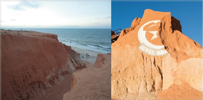 À esquerda, falésia em processo erosivo. À direita, símbolo tradicional de Canoa Quebrada (a lua e a estrela) esculpido em falésia, desmorona em função da erosão da mesma