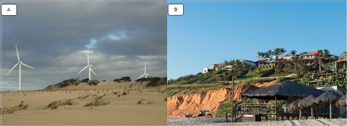 (A) Parque eólico em duna semifixa; (B) Estruturas hoteleiras no topo das falésias em contato com o tabuleiro pré-litorâneo