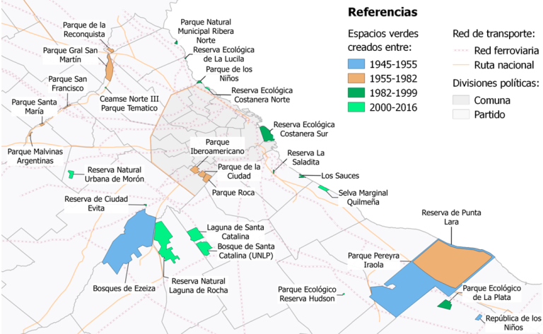 Localización de los espacios verdes públicos relevados, creados en el AMBA
entre 1945 y 2016