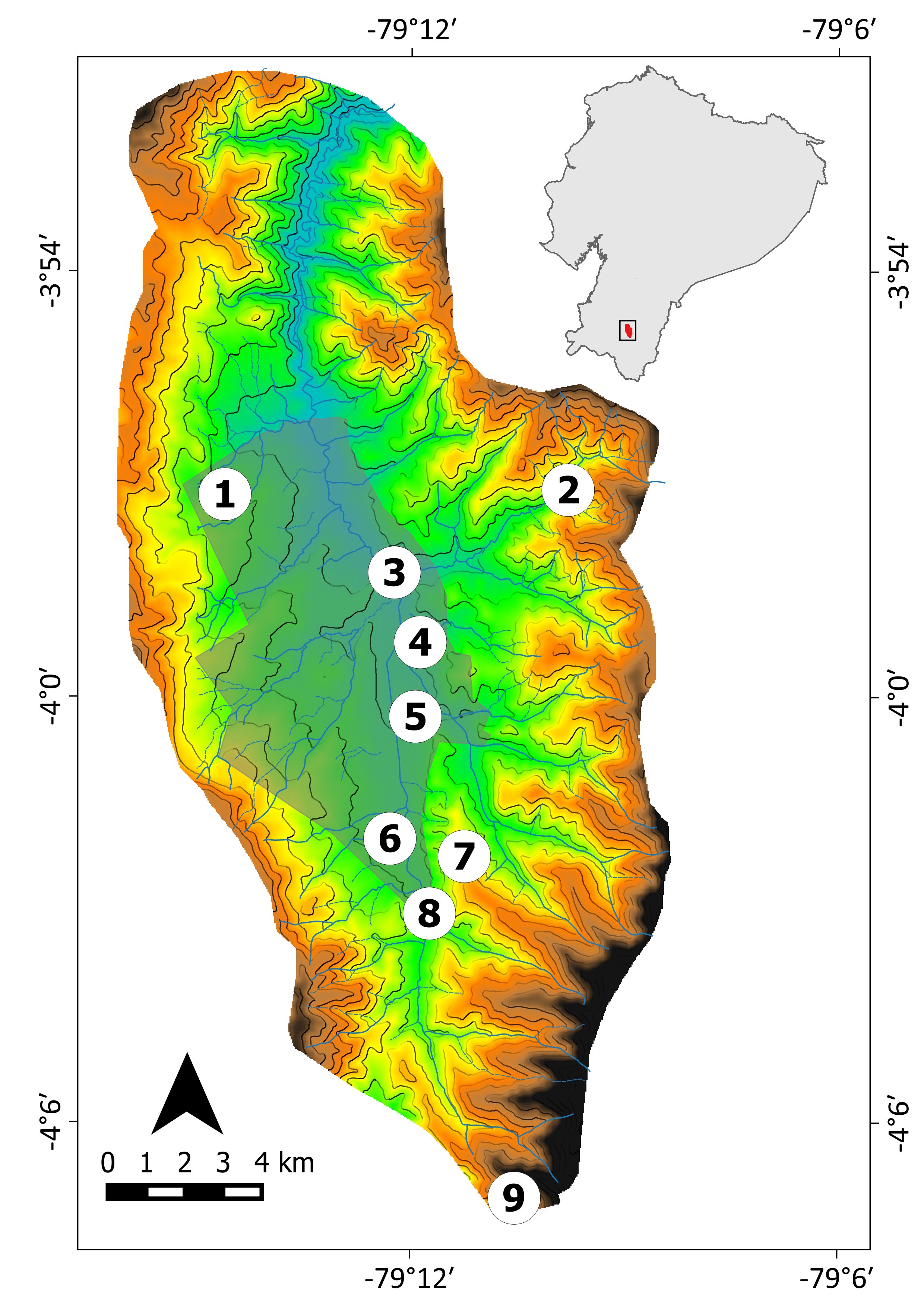 Mapa de las localidades de registro de las especies dentro de la hoya de Loja: