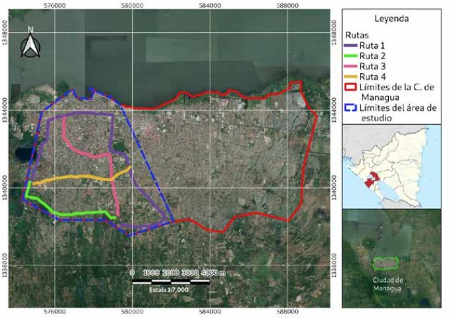 Mapa de Ubicación y Rutas de medición. El polígono rojo denota los
límites de la ciudad de Managua mientras que el polígono azul con líneas
quebradas denota el área de estudio. Las rutas se muestran en diversos colores.