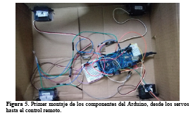 Primer
montaje de los componentes del Arduino, desde los
servos hasta el control remoto.