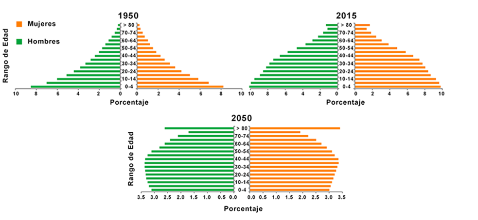 Pirámide de la población del país, por sexo y grupos
de edad para los años 1950, 2015 y 2050. Contraloría
General de la República. (2010).
