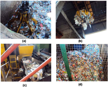 Vista do processo de separação dos materiais recicláveis
na Usina do Caju. (a) e (b) Garra para coleta do lixo; (c) Esteira utilizada na
separação dos recicláveis; (d) Material reciclável já separado.