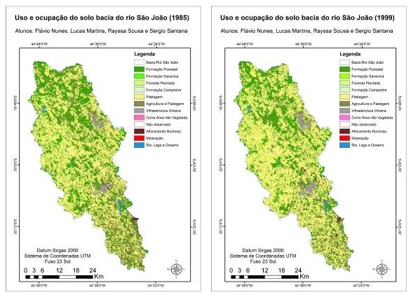 Uso e cobertura da terra para
1985 e 1999 na bacia do rio São João.