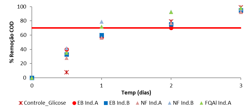 Porcentagens de redução de matéria orgânica em
teste de biodegradabilidade aeróbia com distintas amostras _ Campanha 2