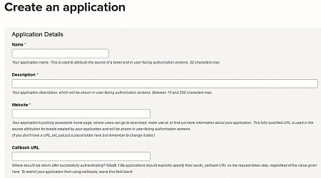 Datos necesarios para la creación de la API en el sitio web de desarrolladores de Twitter.
