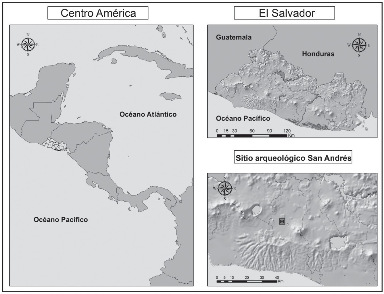 Mapa de ubicación del sitio arqueológico San Andrés en El Salvador, Centroamérica.