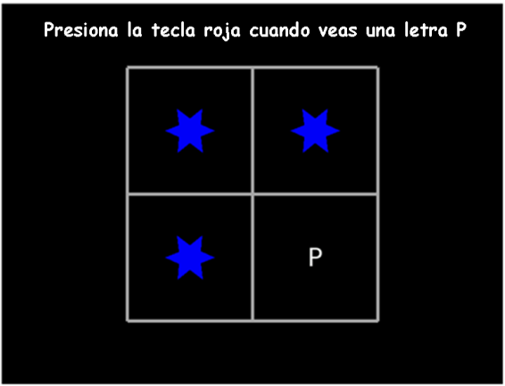 Experimento Go/No-Go. En esta tarea el participante debe responder cada vez que aparezca una letra P e inhibir su respuesta cada vez que aparezca la letra R.