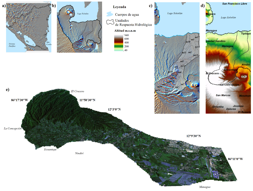Localización de la Subcuenca III de Managua a) Mapa de Nicaragua,
b) Mapa de la Cuenca sur del Lago de Managua, c) Mapa Unidades de Respuesta
Hidrológica d) Mapa de las Altitudes de la Subcuenca III de Managua e) Mapa en
2D del área en estudio.