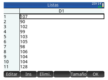 Tabla de datos parciales introducidos en la columna D1.