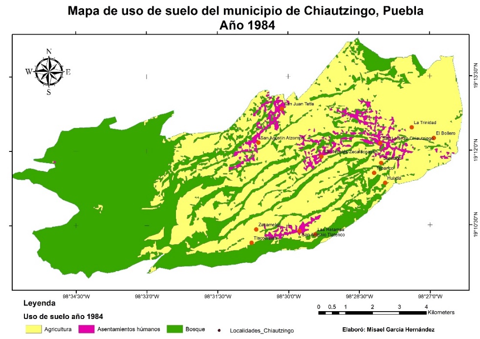 Mapa
de uso de suelo y vegetación del municipio de Chiautzingo, Puebla en 1984.