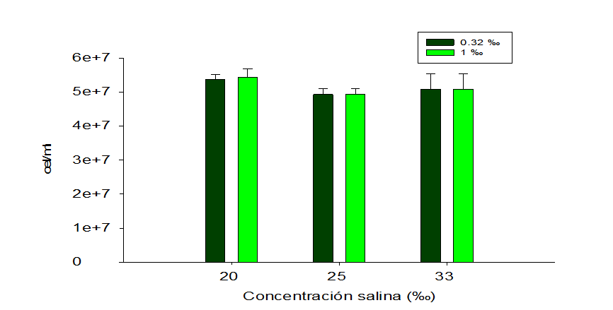 Cantidad de celulas por ml de Nannocholoropsis oculta, cultivada con 0.32 % y 1 % de F/2 Guillard en concentraciones salinas (33 %, y 20 %), 23 días de cultivo. 