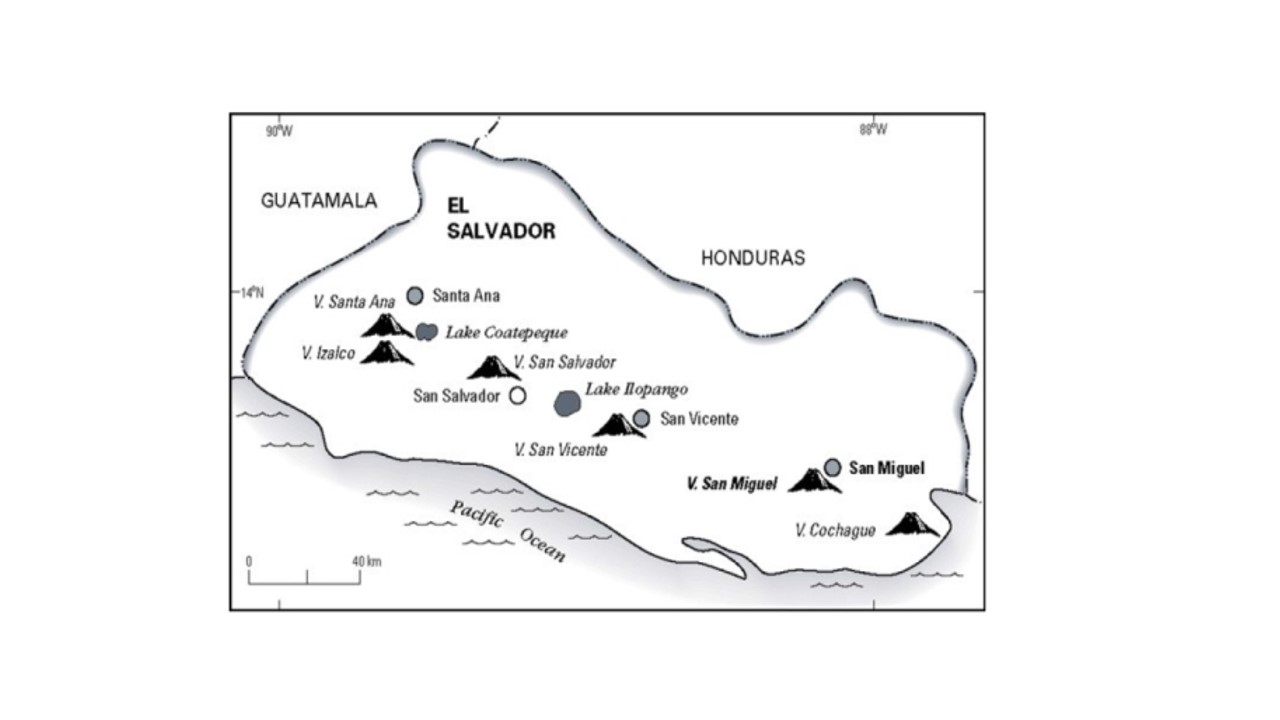  Localización de los volcanes activos de El Salvador, en la
región de Centroamérica,