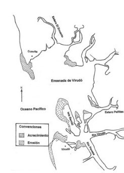 Mapa de los cambios en la línea de costa en la
ensenada de Virudó entre los años 1961 y 1992.
