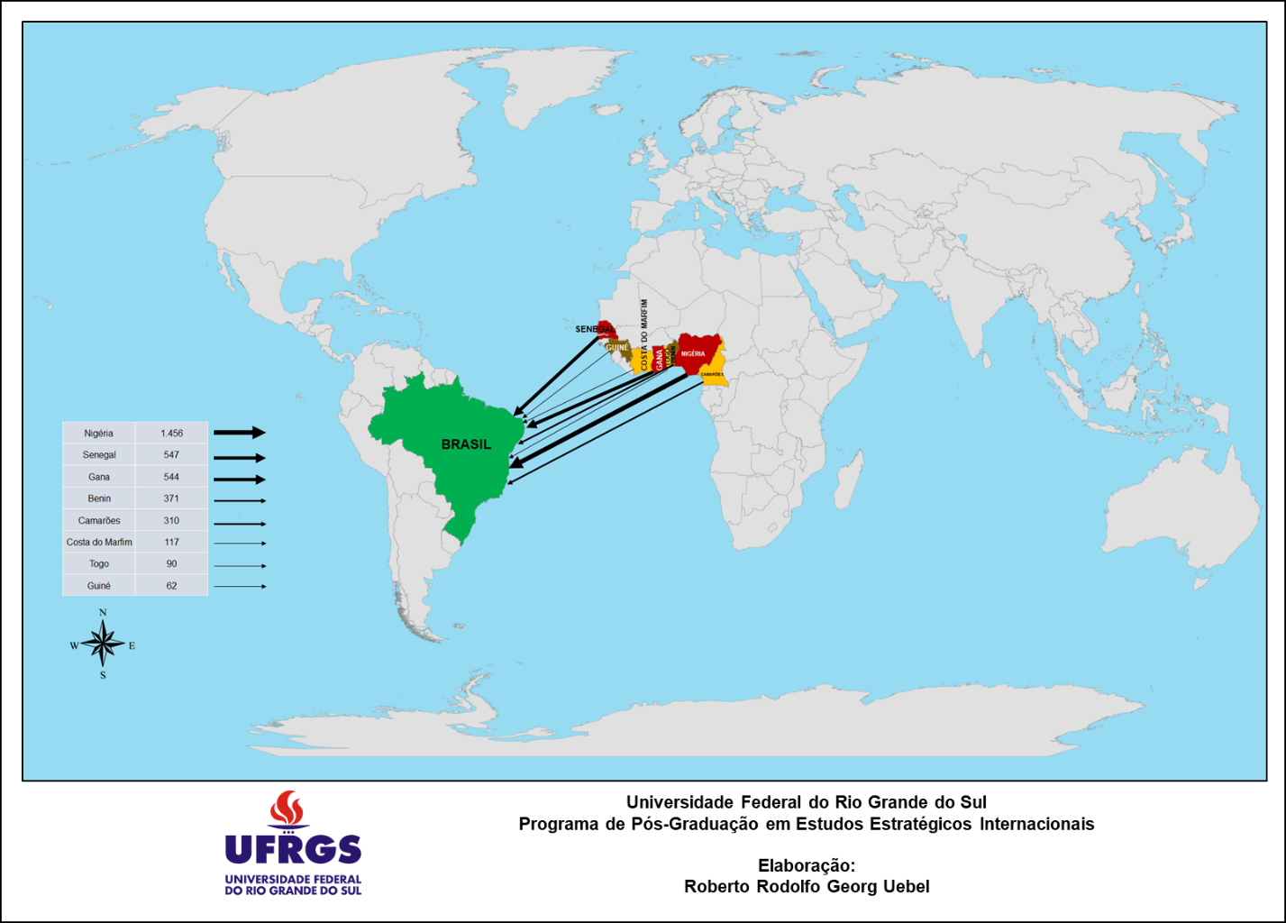 Mapa – Fluxos de intensidade da
imigração da Costa Oeste Africana para o Brasil entre 2011 e 2016