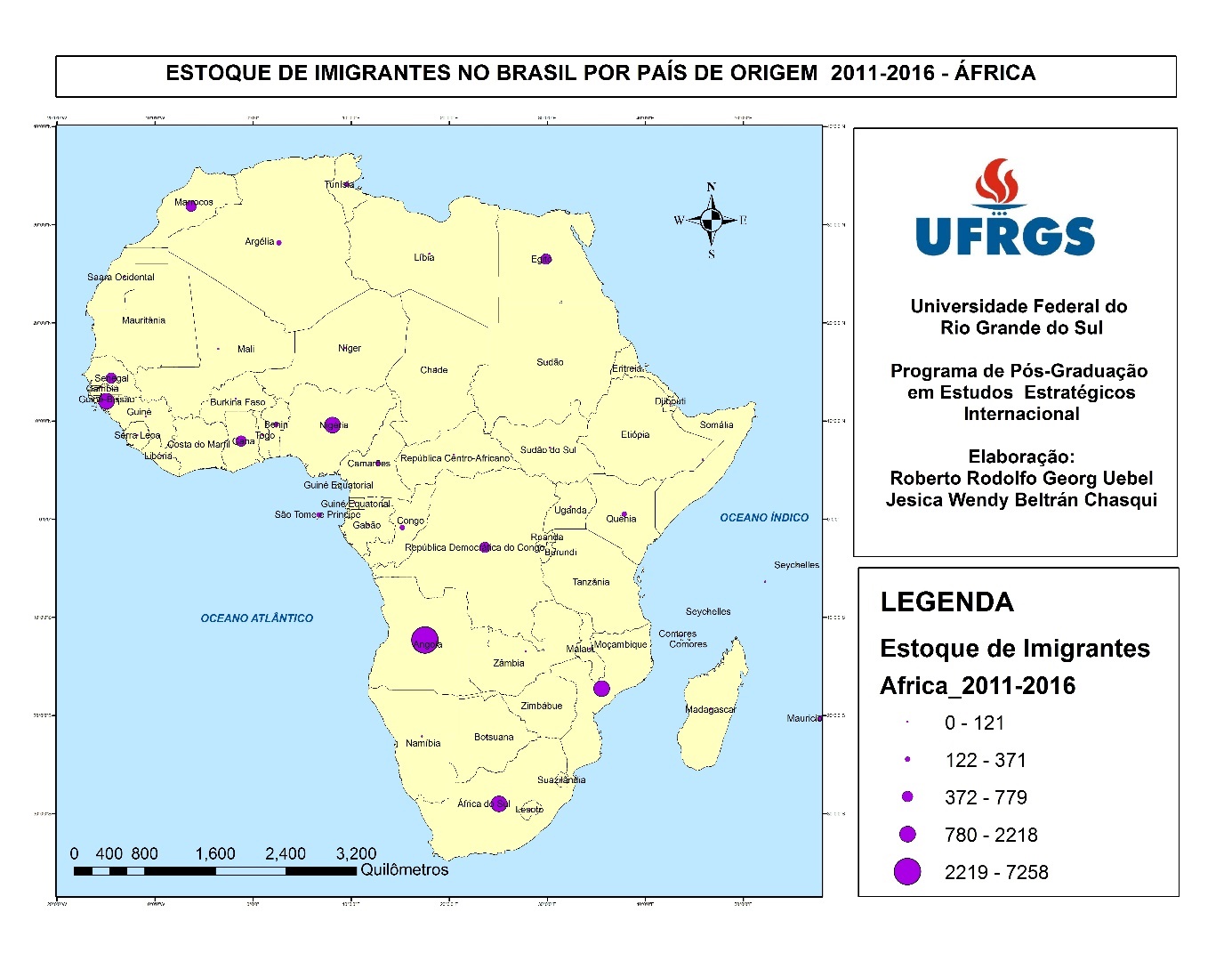 Mapa Estoque de imigrantes no
Brasil por país de origem, 2011/2016 - África