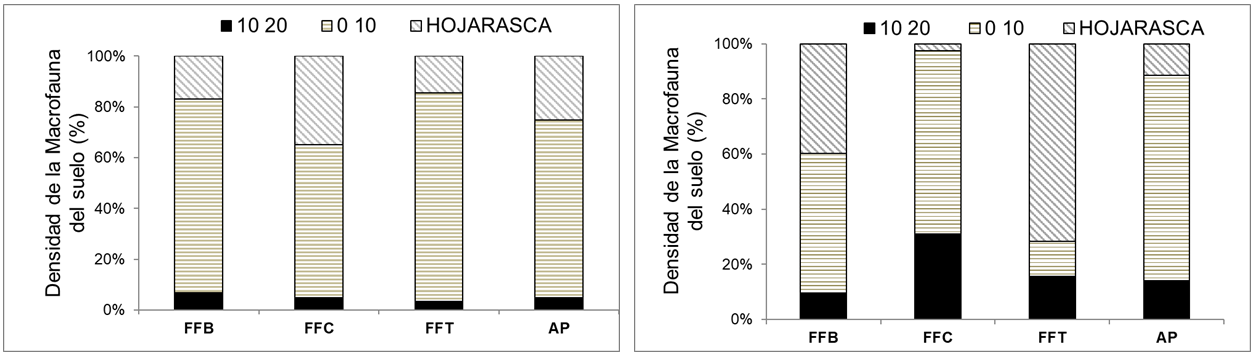 Distribución vertical de la macrofauna del
suelo (%) en el fragmento forestal de borda (FFB), fragmento forestal
conservado (FFC), fragmento forestal de transición (FFT) y el área de pastizal
(AP) en los dos periodos de muestreo en mayo (izquierda) y octubre (derecha) de
2017.