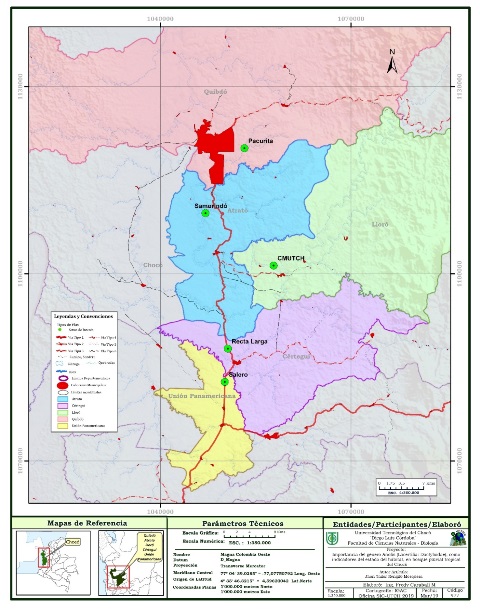 Ubicación geográfica de los municipios
de estudio, de la zona centro del departamento del Chocó–Colombia.
