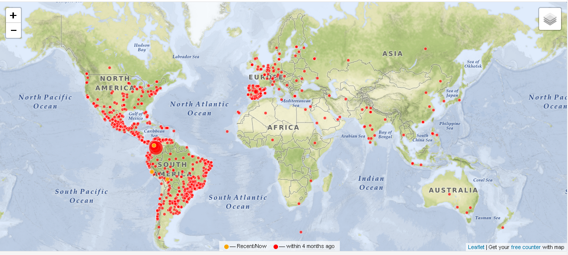 Geolocalización de
las visitas de la revista desde su implementación con la actualización del OJS (Junio–Octubre;
2018).