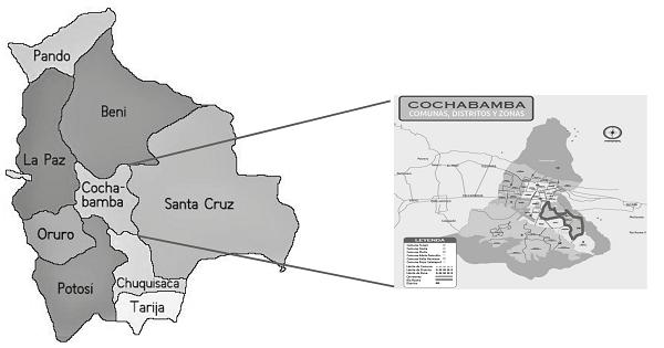 Mapa de Bolivia y Cochabamba, con sus
comunas, distritos y zonas. Área remarcada en rojo: Distritos 6,7 y 14 (Sub
distrito 16 y 19, zona alalay norte y sud)