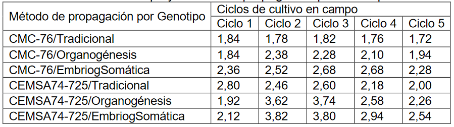 Ciclos de cultivo en campo y método de propagación por Genotipo
