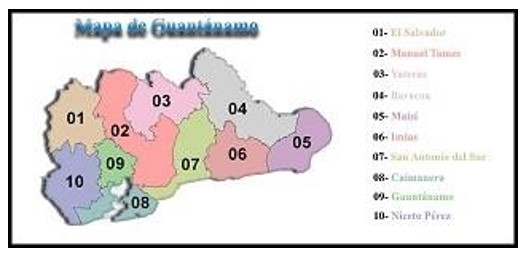 Mapa de la provincia Guantánamo. Localización y relación de sus municipios.
