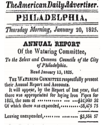 The Watering Committee of Philadelphia produced an annual report of his works every year. Fragment of the report of the year 1824 published in The American Daily Advertiser.