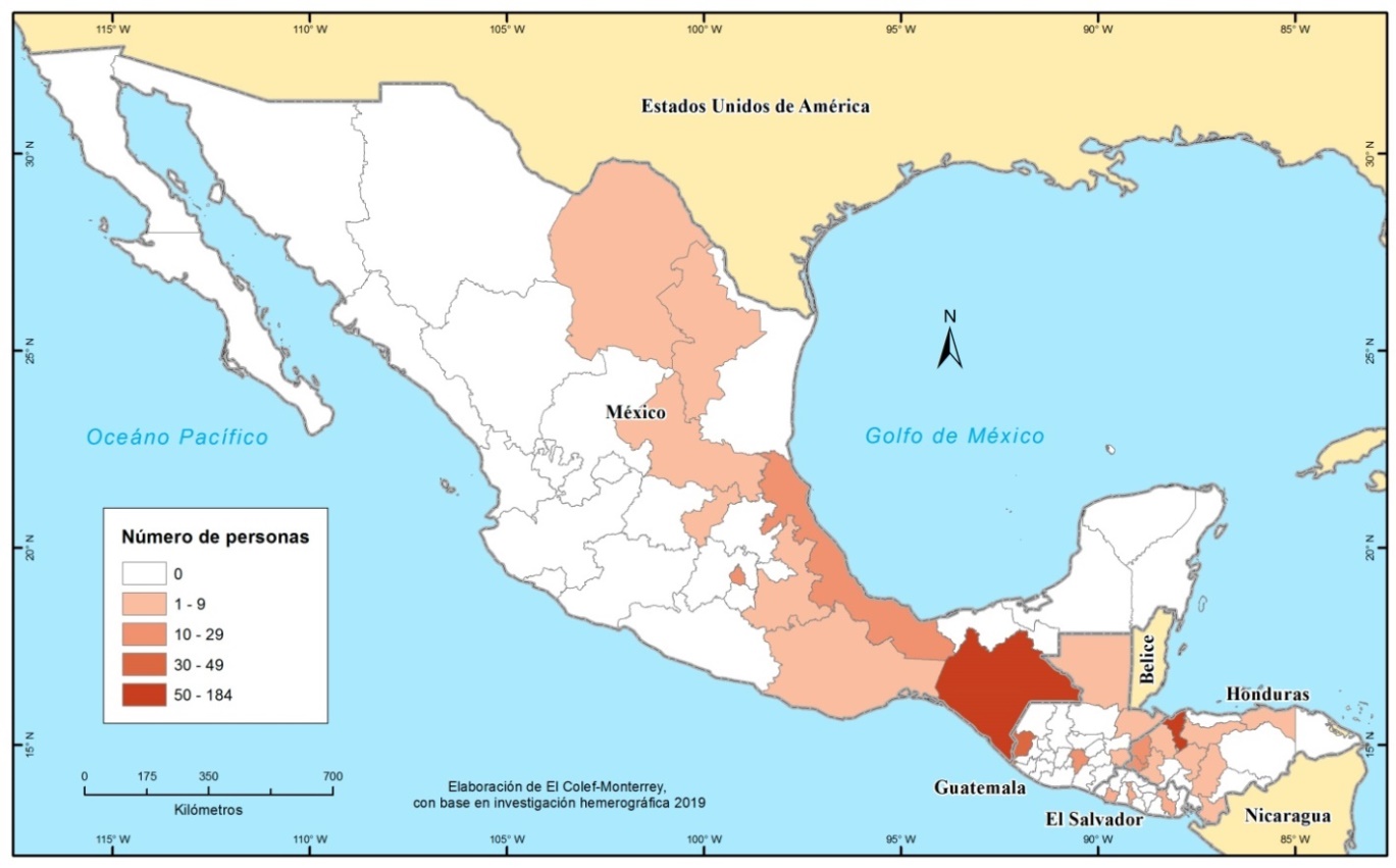 Departamentos en Centroamérica y Estados en
México en que los migrantes se unieron a la caravana