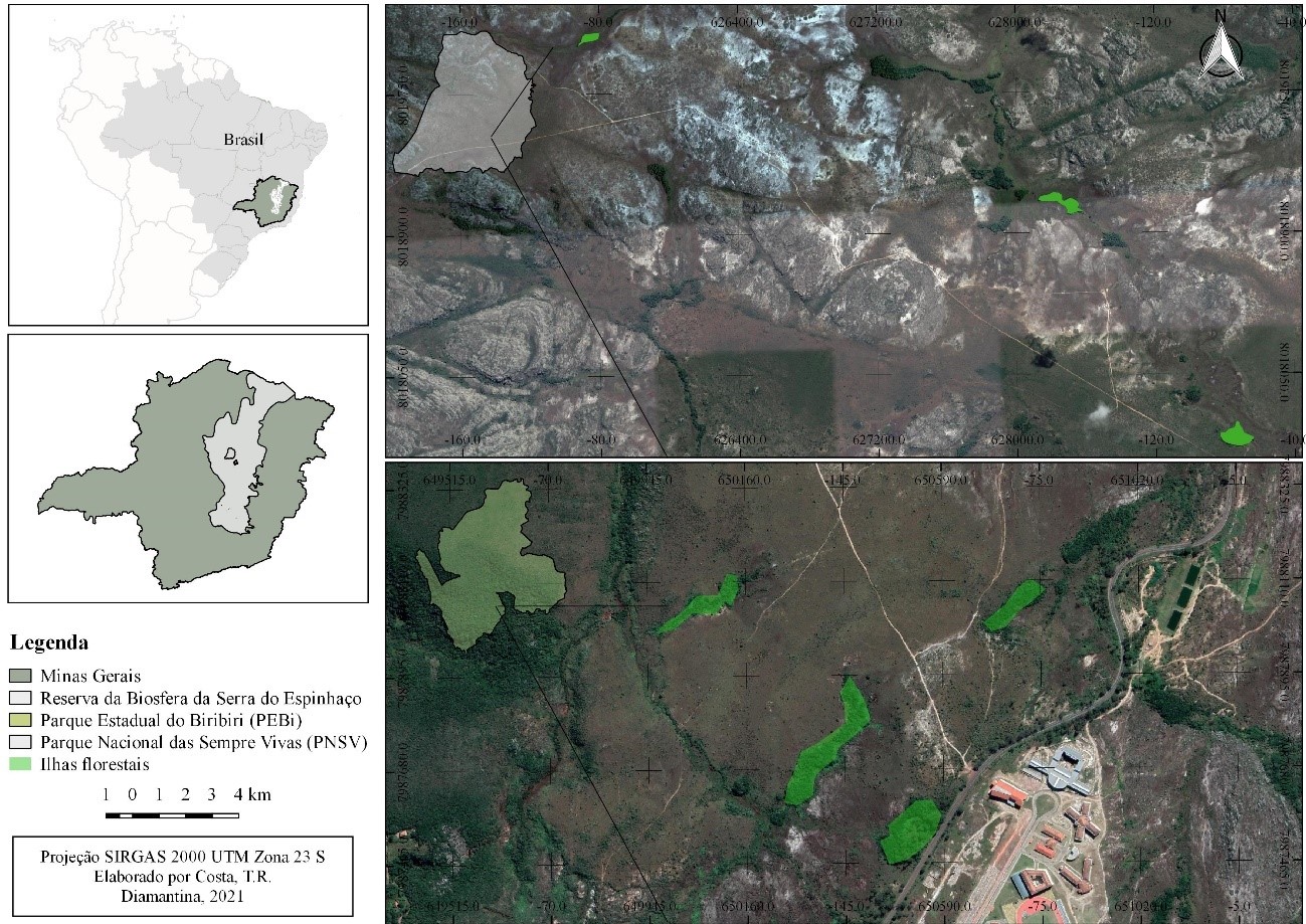 Figura 1. Localização dos
principais capões (ilhas florestais) amostrados no Parque Nacional das Sempre
Vivas (PNSV) e Parque Estadual do Biribiri (PEBi) – Reserva da Biosfera da
Serra do Espinhaço (RBSE)