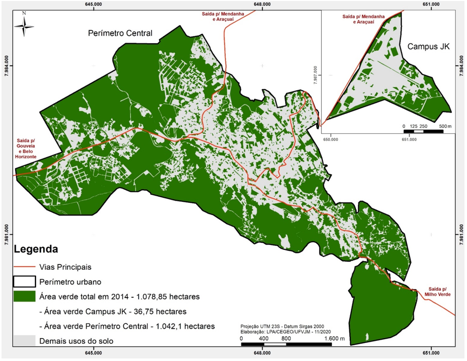 Figura 4. Mapeamento da área verde (hectares) no Distrito Sede de Diamantina em
2014