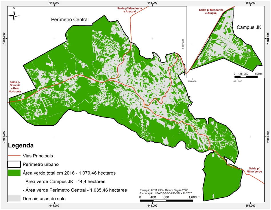 Figura 5. Mapeamento da área verde (hectares) no Distrito Sede de Diamantina em
2016