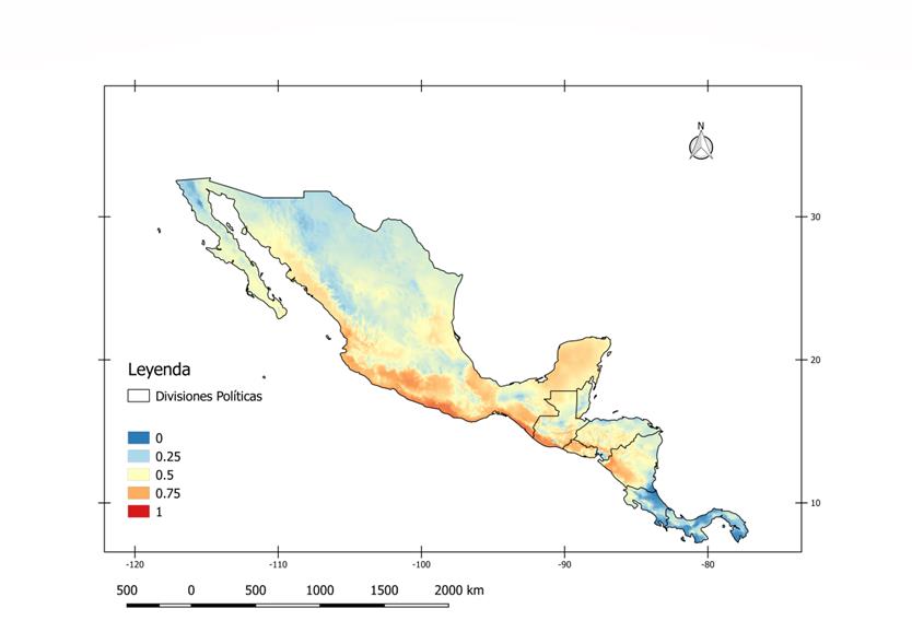 Mapa de probabilidad
de presencia de A. aegypti
en México y Centroamérica: Mapa generado en Quantum GIS. Fecha: Junio 2017. El
mapa muestra las condiciones favorables para la ocurrencia del mosquito desde 0
(azul) hasta 1 (rojo), en una resolución de 10 km X 10 km