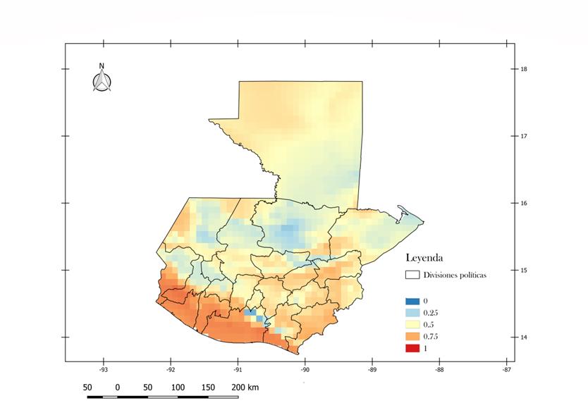 Mapa de probabilidad
de presencia de A. aegypti
en Guatemala: Mapa generado en Quantum GIS. Fecha: Junio 2017. El mapa muestra
las condiciones favorables para la ocurrencia del mosquito desde 0 (azul) hasta
1 (rojo), en una resolución de 10 km X 10 km