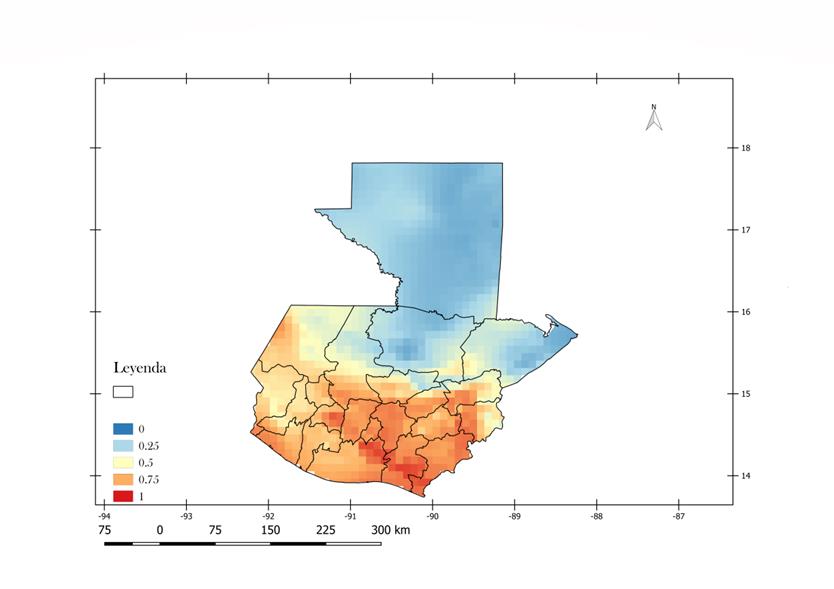 Mapa de probabilidad
 de incidencia de dengue en Guatemala.
Mapa generado en Quantum GIS. Fecha: Junio 2017. El mapa muestra las
condiciones favorables para la ocurrencia de casos de dengue desde 0 (azul)
hasta 1 (rojo), en una resolución de 10 km X 10 km