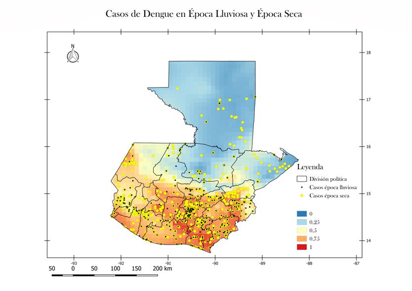 Sitios en los
cuales se presentan casos de dengue en época lluviosa y época seca, sobre el
mapa de probabilidad de incidencia de dengue en Guatemala. Época seca: Mayo,
Junio, Julio, Agosto, Septiembre, Octubre. Época lluviosa: Noviembre,
Diciembre, Enero, Febrero, Marzo, Abril. Mapa generado en Quantum GIS.Fecha: Junio 2017. El mapa muestra las condiciones
favorables para la ocurrencia de casos de dengue desde 0 (azul) hasta 1 (rojo),
en una resolución de 10 km X 10 km.