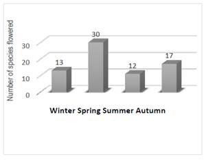 Calendar species flowering number. On
the X-axis, we showed the observed number of species flowering. The Y-axis
represented the season of year sampled