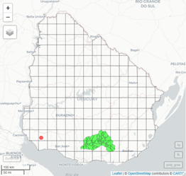 Study area and spatial
domain of INIA-GRAS Water Balance (grid), SWAT model (green polygons), and Eddy
Covariance (red dot)