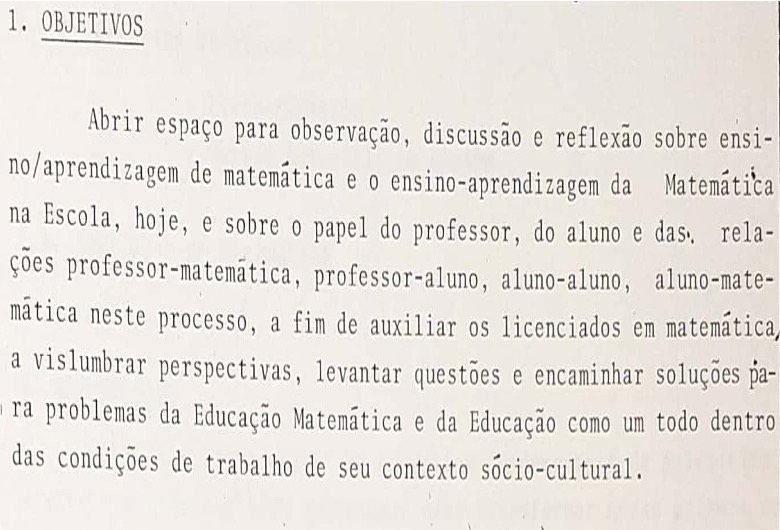 Objetivos da disciplina de Prática de
Ensino de Matemática (1986 – 1989).