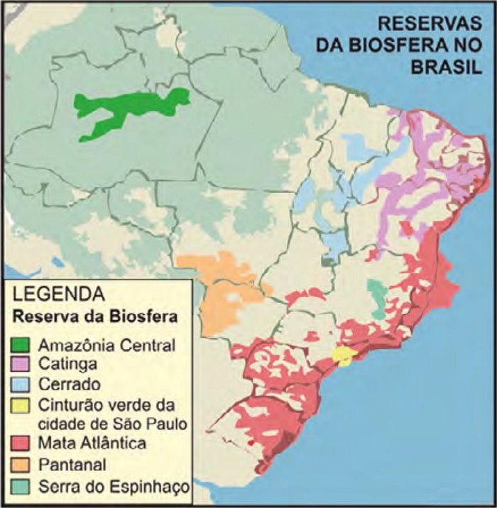 Croqui com as Reservas da Biosfera no Brasil.