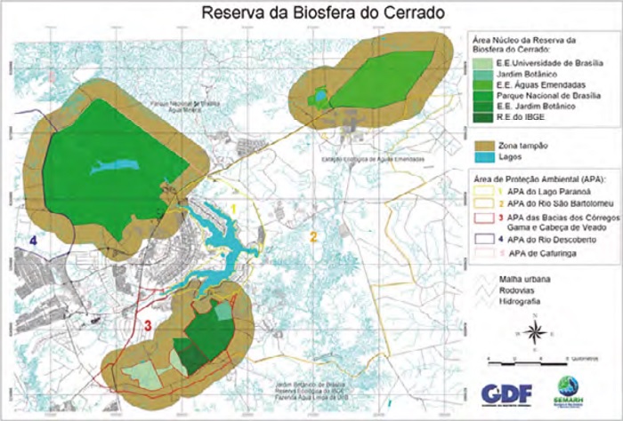 Reserva da Biosfera do Cerrado no Distrito Federal (DF), com suas zonas
Núcleo e de Amortecimento.